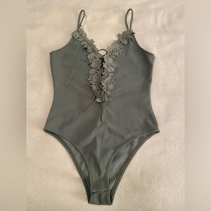 Topshop Sage Green Lace Up Floral Trim Bodysuit